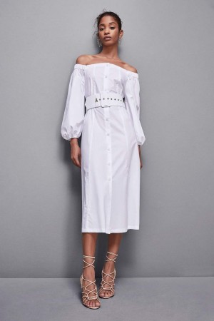 Patrizia Pepe Off-shoulder Dress With Belt Fehér | DCLVJ2019