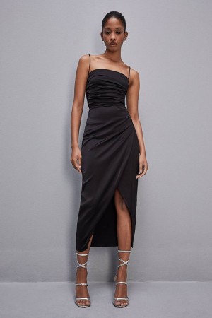 Patrizia Pepe Satin Midi Dress Fekete | UYIBN1638