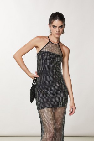 Patrizia Pepe Sleeveless Rhinestone Mesh Dress Fekete | BLNWM4508