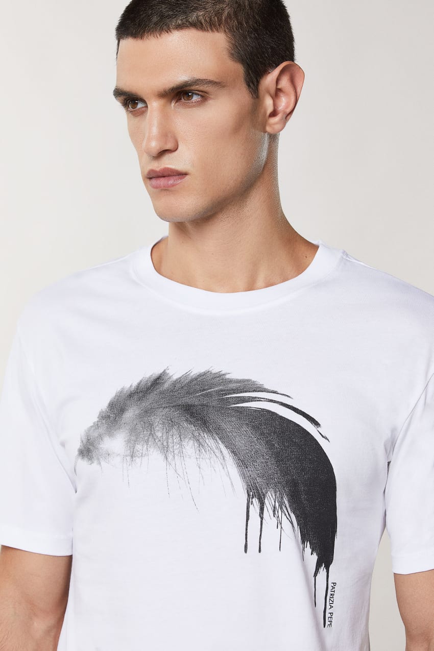 Patrizia Pepe Cotton T-shirt With Feather Print Fehér | KIARX4580