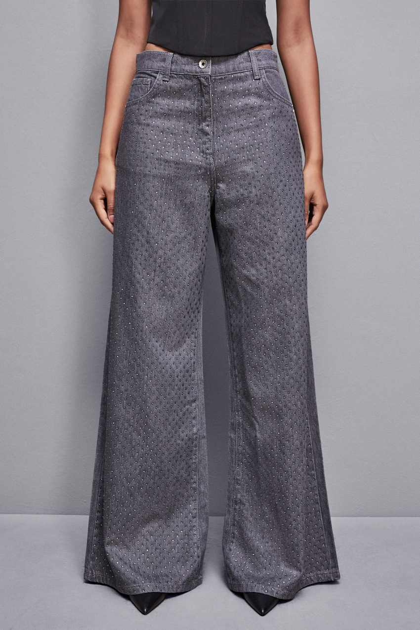 Patrizia Pepe Gray Wide Leg Low-waisted Jeans With Rhinestones Szürke | BORZP9647