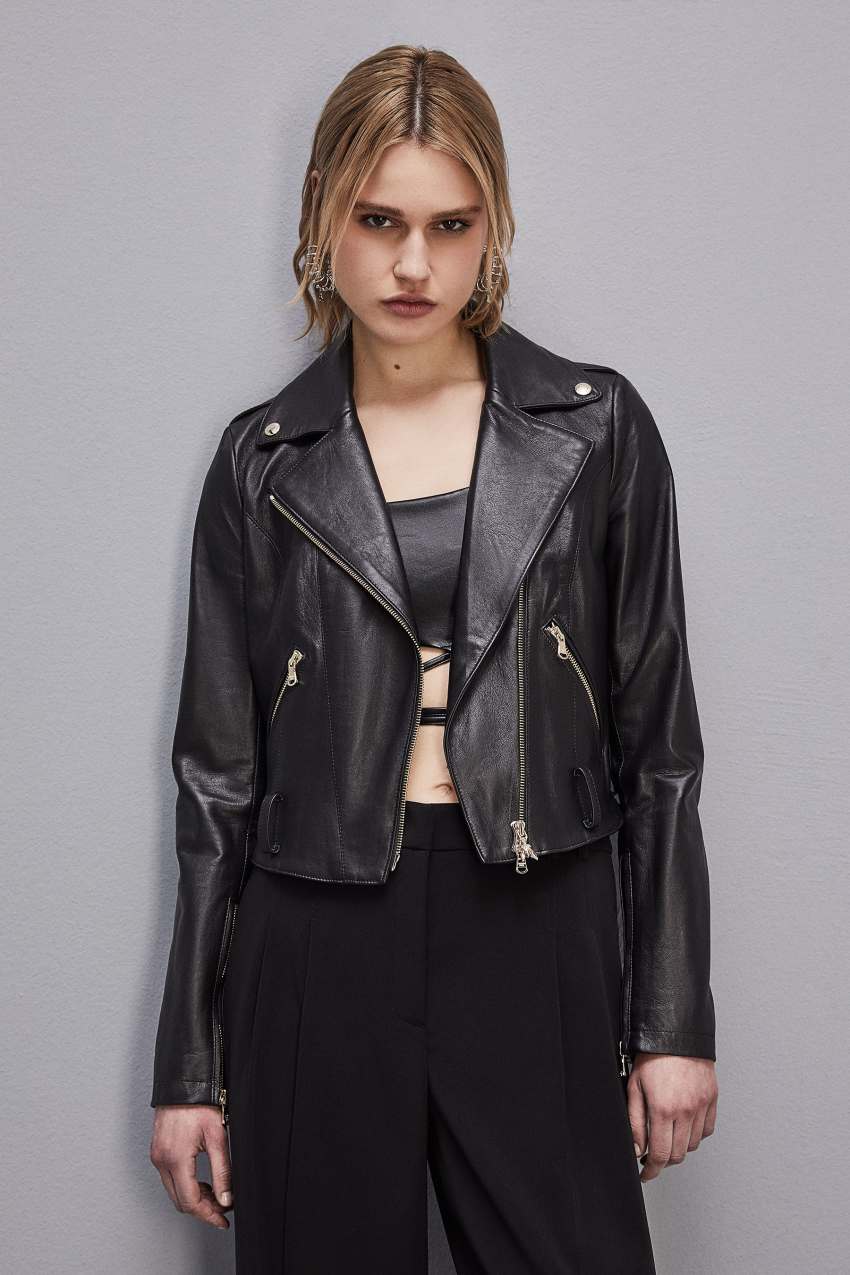 Patrizia Pepe Leather Biker Jacket Fekete | ZLEKQ0872