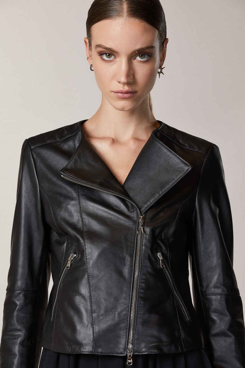 Patrizia Pepe Leather Biker Jacket With Top-stitching Fekete | QEGAX7495