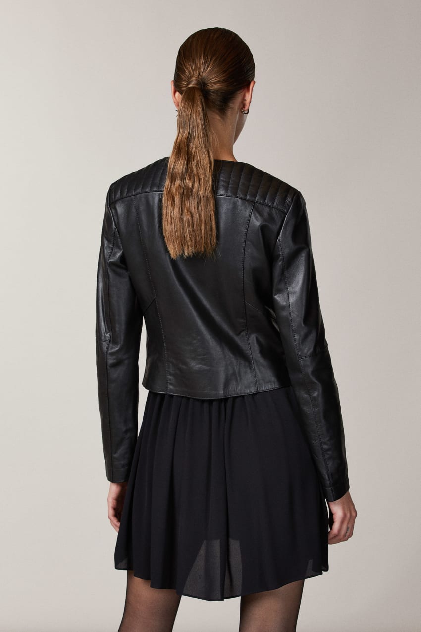 Patrizia Pepe Leather Biker Jacket With Top-stitching Fekete | QEGAX7495