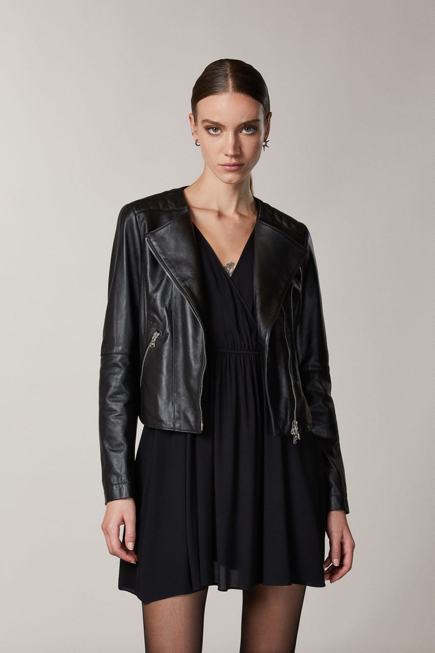 Patrizia Pepe Leather Biker Jacket With Top-stitching Fekete | QEGAX7495