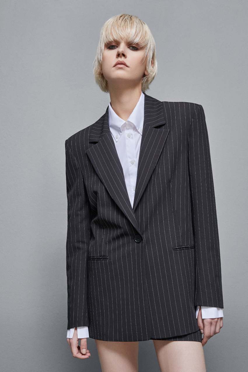 Patrizia Pepe Pinstriped One-button Flannel Blazer Fekete | NHSYD1346