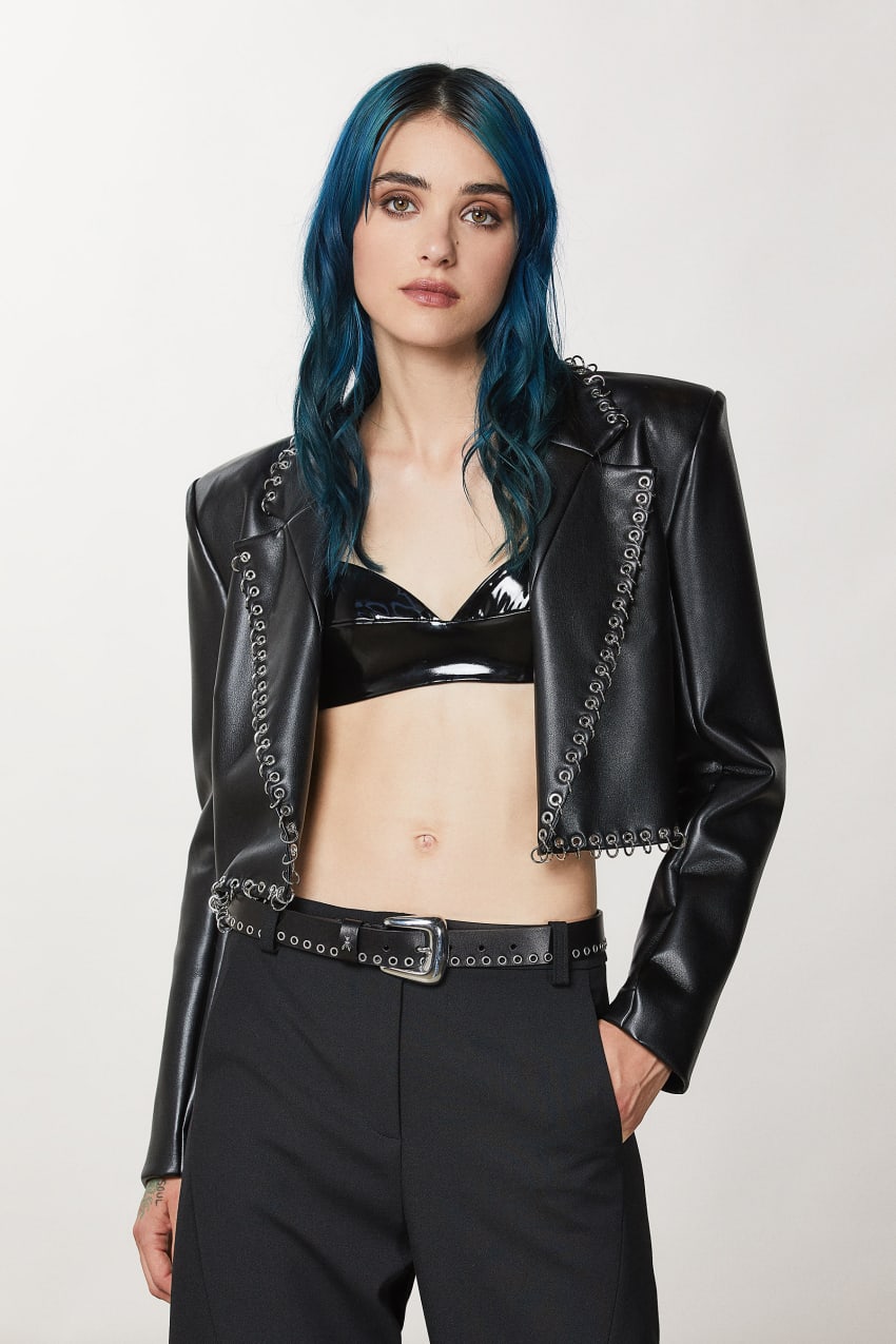 Patrizia Pepe Post Punk Cropped Jacket Fekete | QDIRA3591