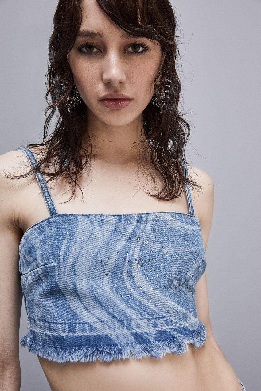 Patrizia Pepe Printed Denim And Cotton Rhinestone Top Világos Kék | KOTUQ8417