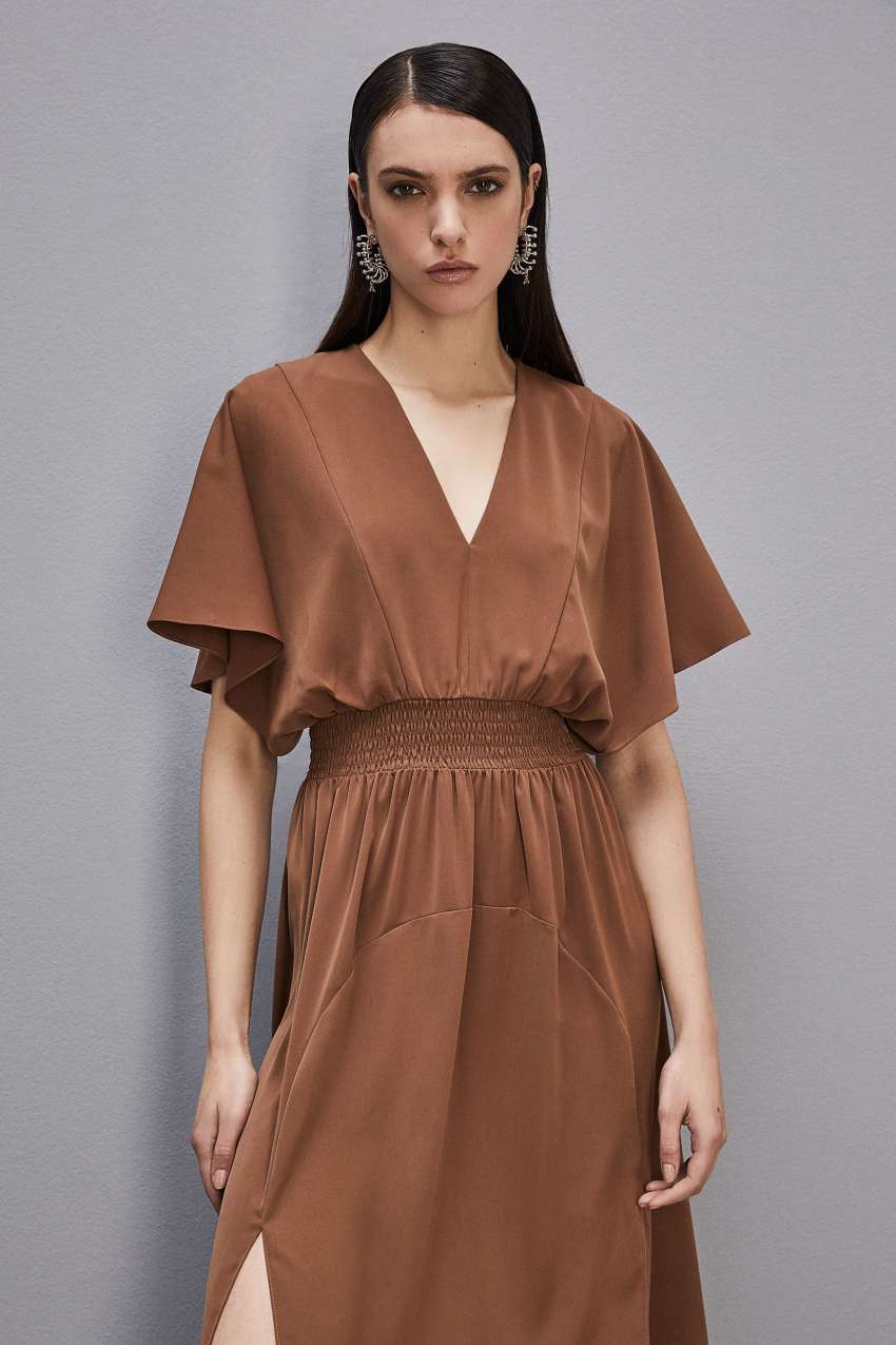 Patrizia Pepe Satin Dress With Smock Stitching Barna | SZIJX6248