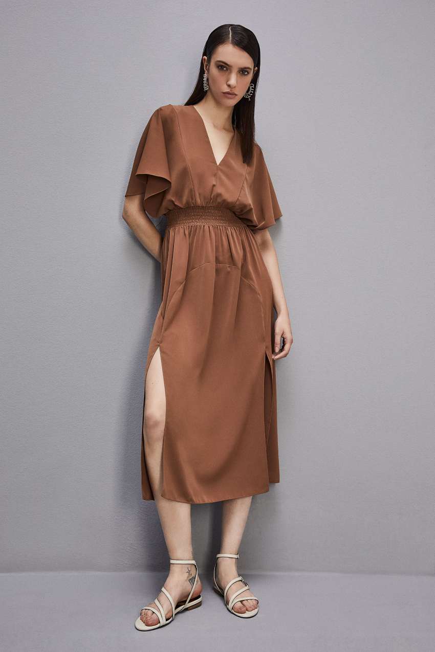 Patrizia Pepe Satin Dress With Smock Stitching Barna | SZIJX6248