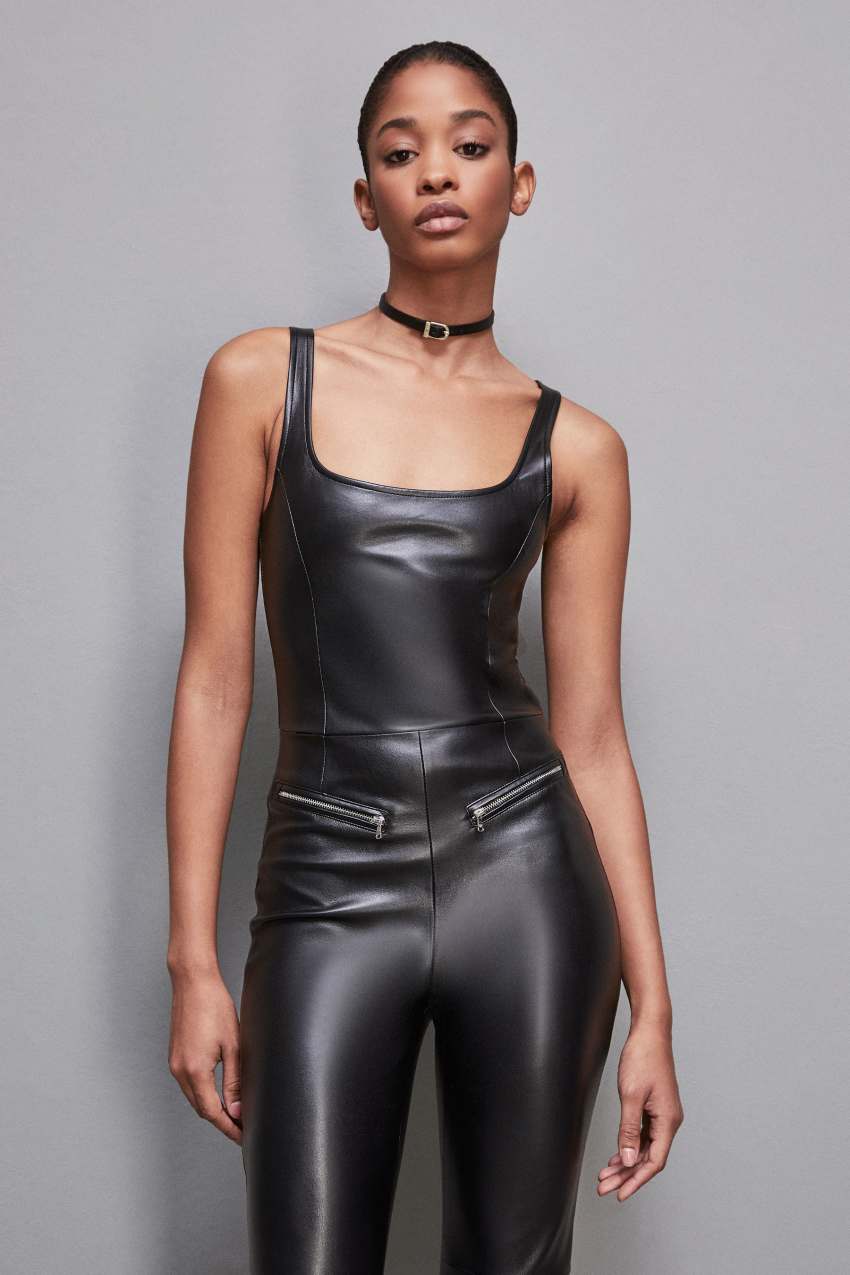 Patrizia Pepe Sleeveless Faux Leather Jumpsuit Fekete | OLWMS9241