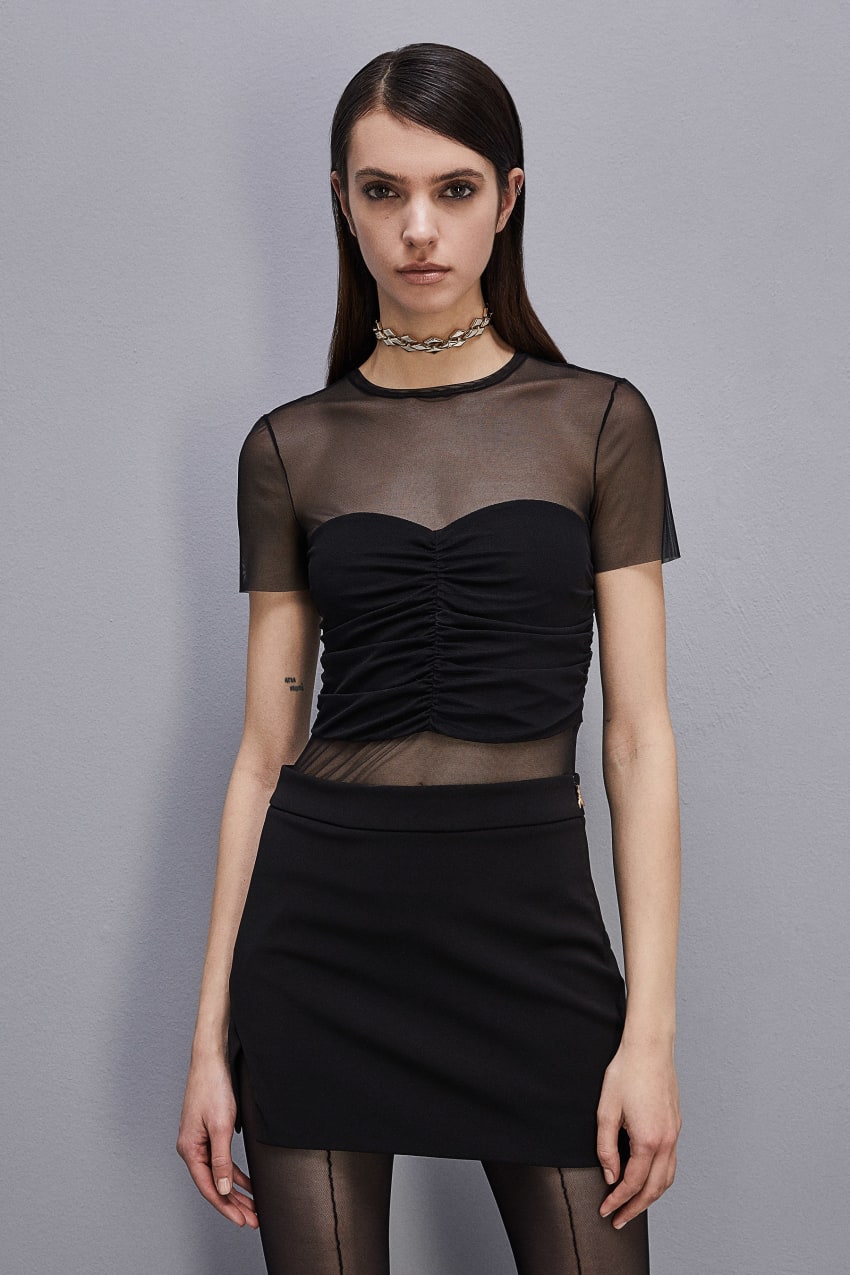 Patrizia Pepe Slim T-shirt In Stretch Tulle Fekete | DYZMW4165