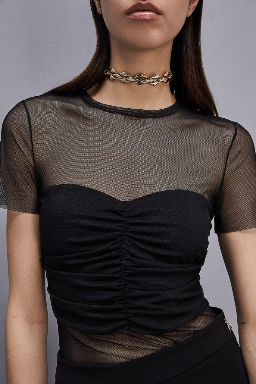 Patrizia Pepe Slim T-shirt In Stretch Tulle Fekete | DYZMW4165