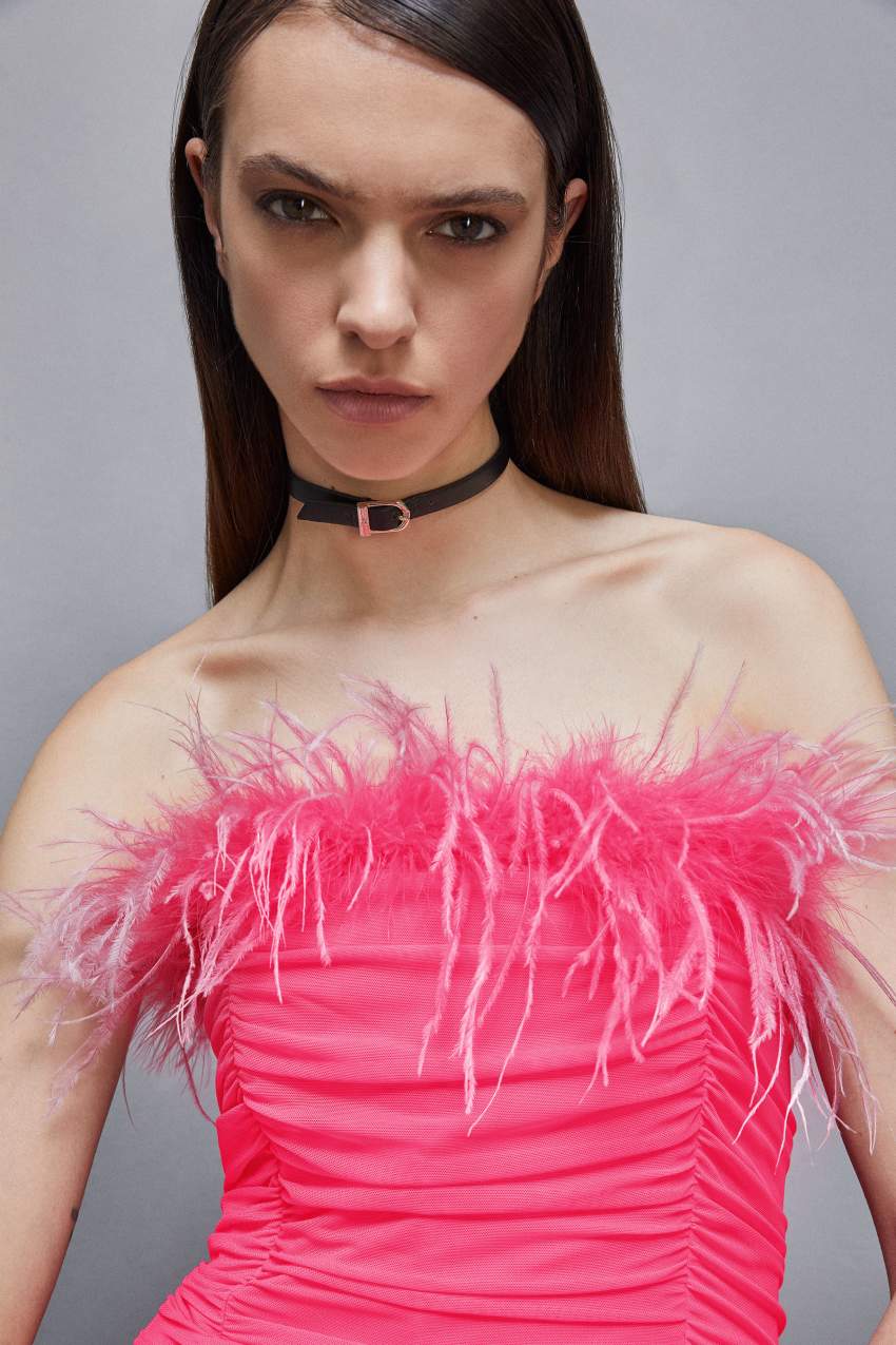 Patrizia Pepe Tulle And Jersey Midi Dress With Feathers Rózsaszín | ZPGEN4891