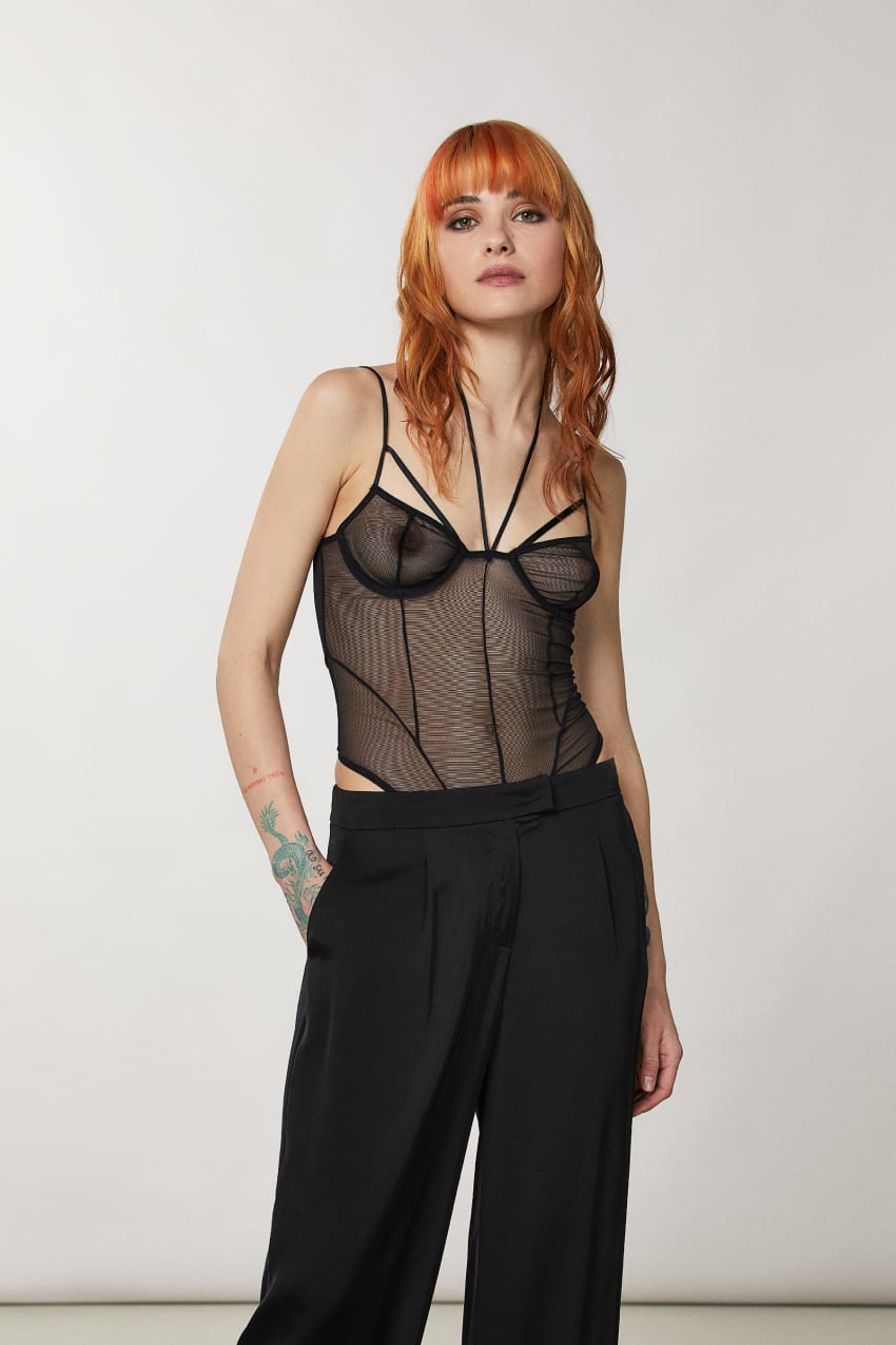 Patrizia Pepe Tulle Bodysuit Fekete | PQWNM4160