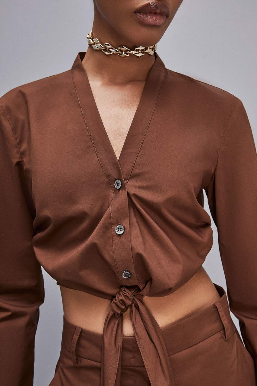 Patrizia Pepe V-neck Shirt With Knot Barna | TNOUF1296